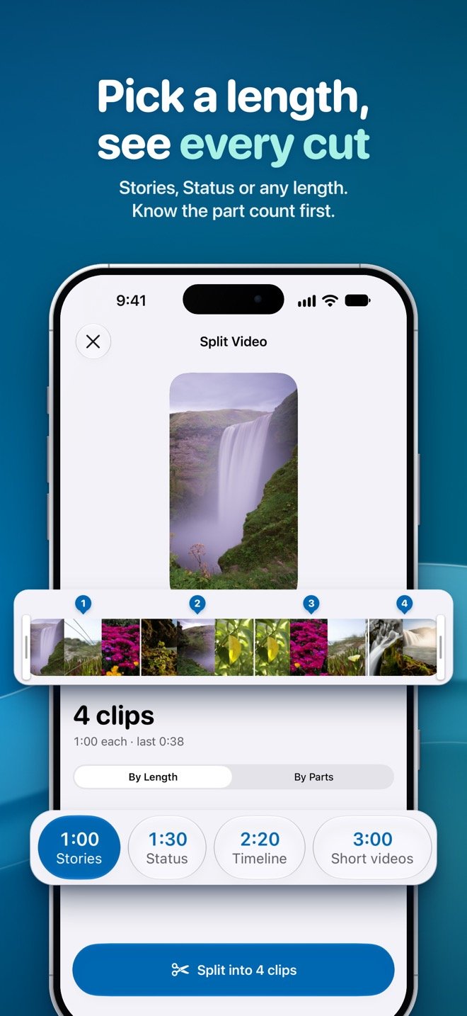 Video Splitter editor splitting a video into 4 parts (1:00 each, the last one 0:38), with every cut marked on the timeline and the Stories, Status, Timeline and Short videos presets