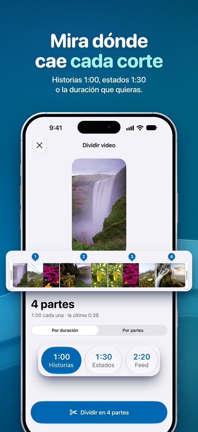 Editor de Video Splitter dividiendo un video en 4 partes (1:00 cada una, la última de 0:38), con cada corte marcado en la línea de tiempo y las duraciones Historias, Estados y Feed