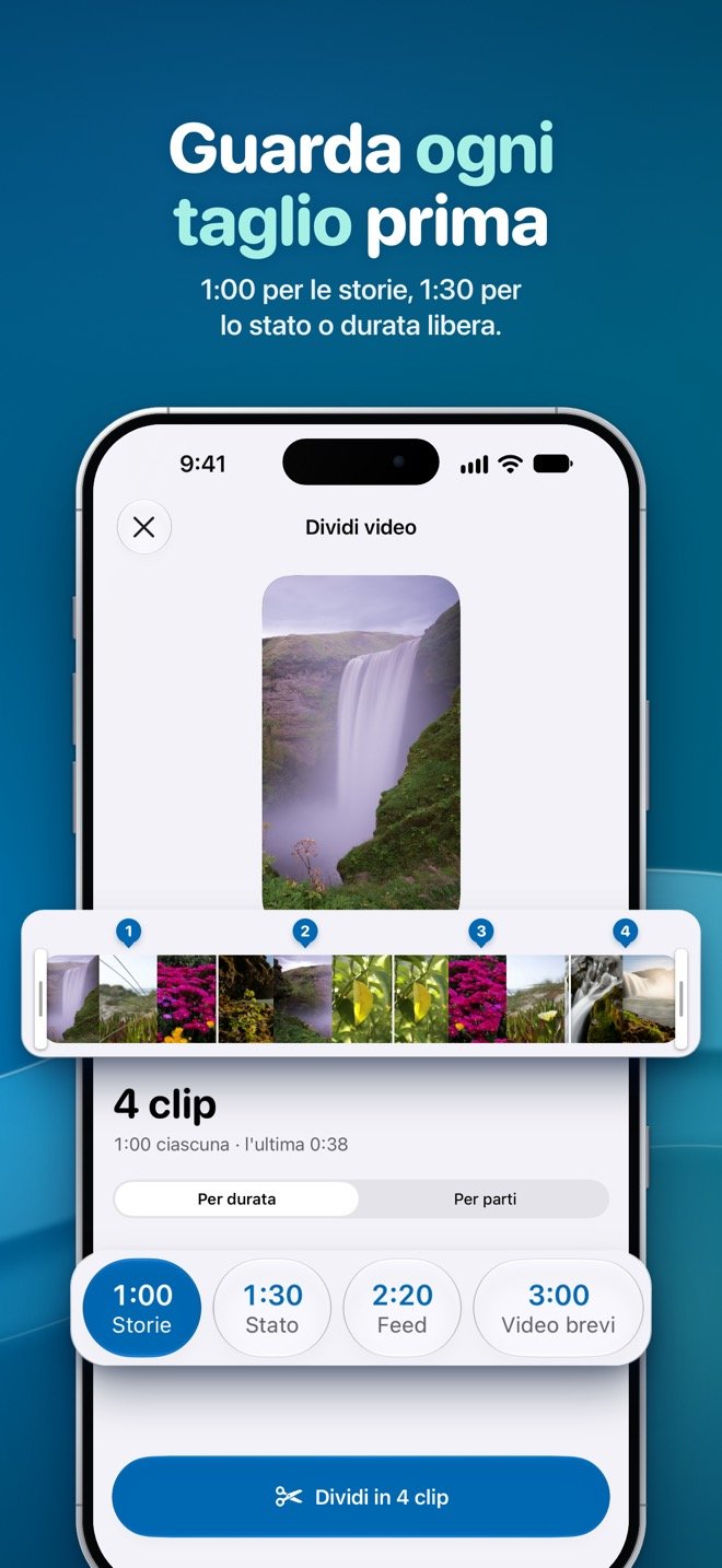 Editor di Video Splitter che divide un video in 4 clip (1:00 ciascuna, l'ultima 0:38), con ogni taglio segnato sulla timeline e le durate Storie, Stato, Feed e Video brevi