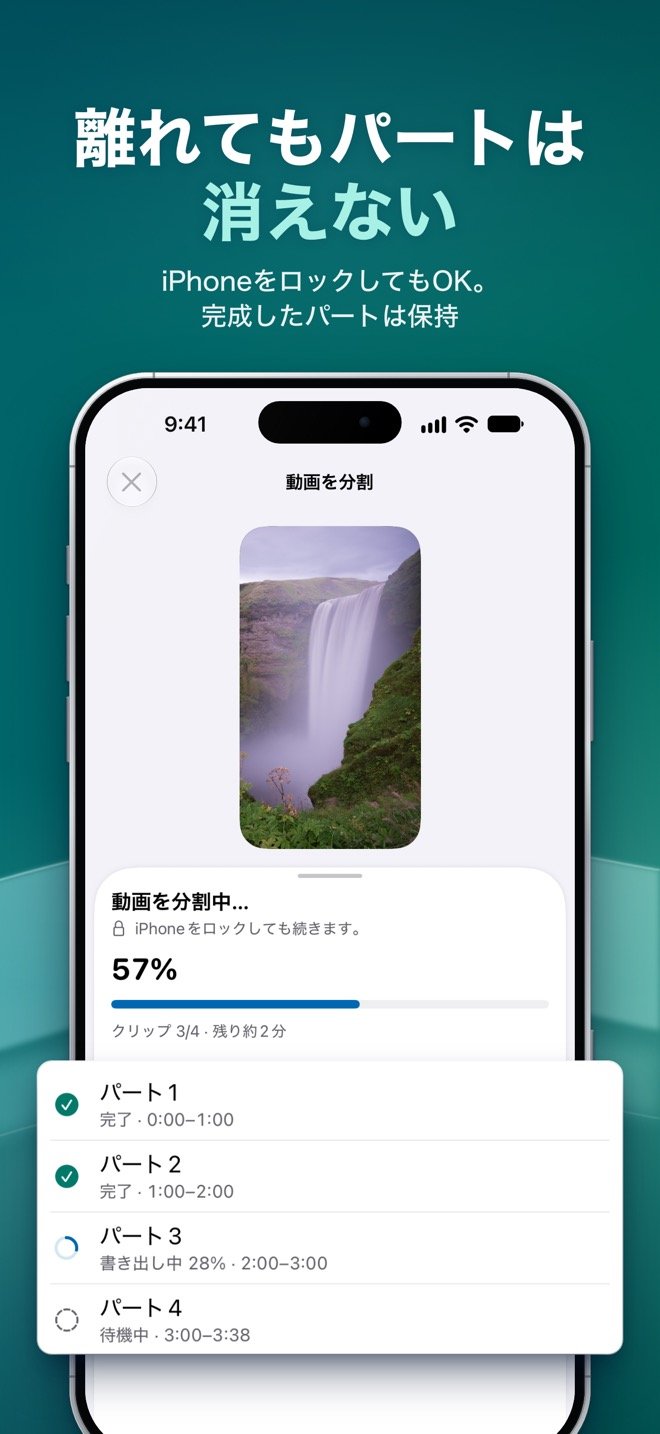 分割中の画面。パート1とパート2は完了、パート3は書き出し中、パート4は待機中