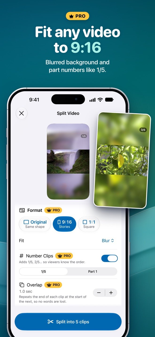 Pro format options turning a horizontal video into 9:16 with a blurred background and a 1/5 part number