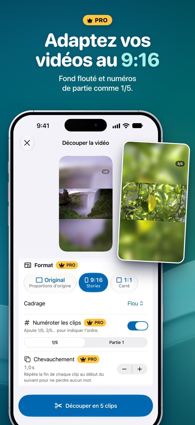 Options de format Pro qui passent une vidéo horizontale en 9:16 avec un fond flouté et le numéro de partie 1/5