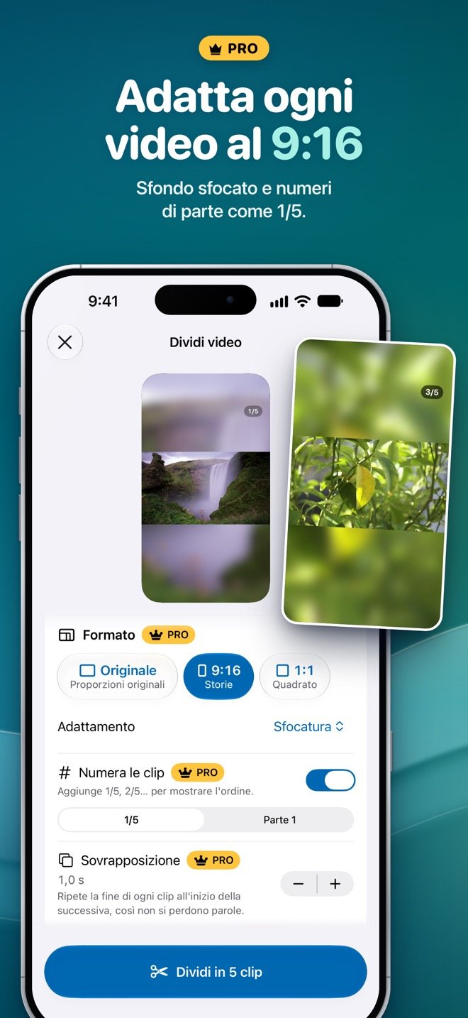 Opzioni di formato Pro: un video orizzontale adattato al 9:16 con sfondo sfocato e il numero di parte 1/5