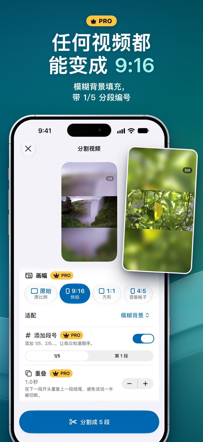 Pro 画幅选项把横屏视频变成 9:16，背景模糊填充，并加上 1/5 段号